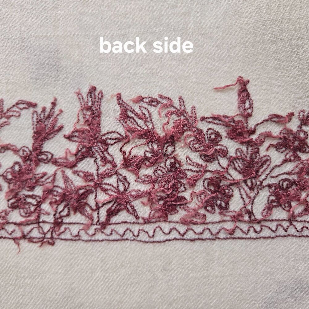 Woven Wool Scarf with Burgundy Pink Purple Embroidered Flowers and Unique Hem - Picture 10 of 11